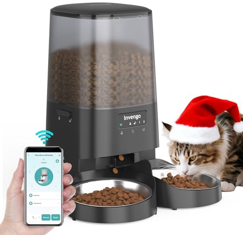 Invengo Automatic Cat Feeder with App Control, 5L Food Dispenser for 2 Cats, 2.4/5G WiFi, Dual Power, Programmable Portions, Anti-Jam & Fresh-Lock, Stainless Steel Bowls, Easy to Clean