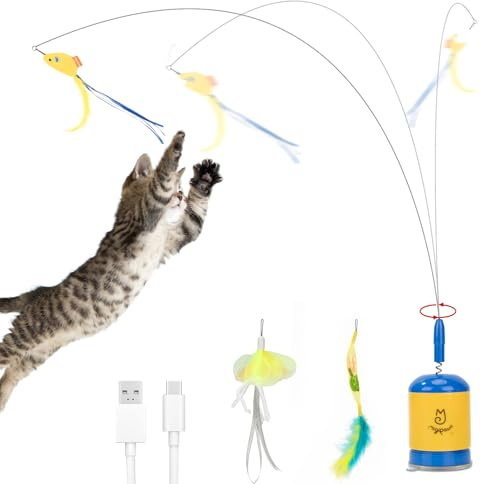 Migipaws Interactive Automatic Cat Teaser Wand Toy with Strong Suction Cup, 70cm Flexible Wire & DIY Bending Design, Rechargeable Cat Exercise Toy with Auto Timer for Indoor Cats(Blue)