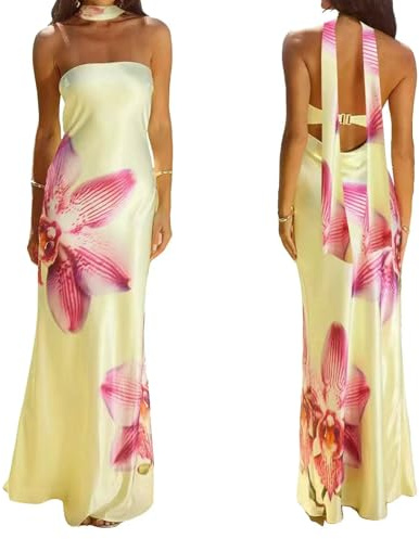 ZBJZUIMEI Abito Donna Invernale Donne Elegente Satina Stato Sleaple in Funzione Stampe Importante Astetica Flower Stampa-Giallo-m