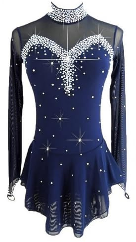 LIUHUO Navy Ice Figure Skating Dress for Girls Women Backless Long-Sleeved Beaded Dresses