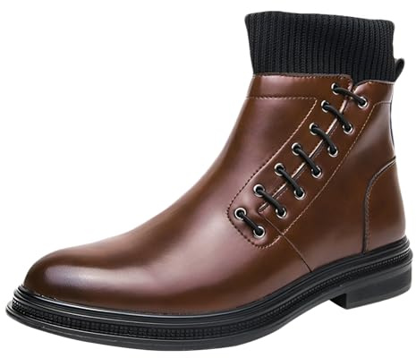 ANUFER Hommes Beau Fermeture éclair Latérale Similicuir Bottines Bout Pointu Montante Chaussures Habillées SN071145 Café EU44