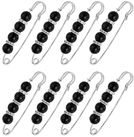 MECCANIXITY Spilla con perle, 7,5 cm, decorativa, spilla di sicurezza, alla moda, per maglioni, scialle, collari, abiti, camicie, accessori di abbigliamento da donna, nero/argento, 8 pezzi