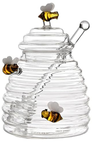 Licsaliwe Pot à miel avec de jolies abeilles 500 ml, pot à miel transparent avec cuillère et couvercle, bruiseur pour conserver et sirop