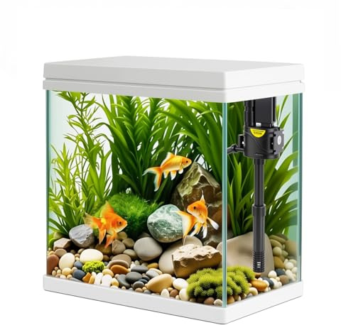 Small Glass Aquarium Tank 17L with Filter and Light, All-in-One Square Desktop Glass Fish Tank Kit with Pump for Goldfish, Betta, Shrimp, White(XM-320)