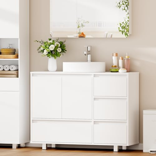 ANWBROAD Mobile Sottolavabo per Bagno, 4 Cassetti, 2 Ante, Lavabo con Piedini, Moderno,90 x 30 x 64,5 cm, Bianco SSC002W