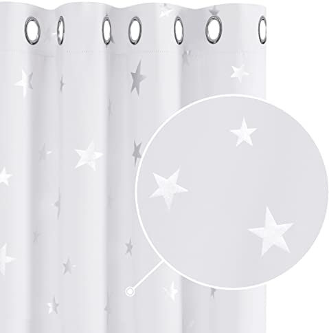 Deconovo Lot de 2 Rideaux Occultant Isotants Thermique Anti Froids Rideau pour Petite Fenetre à Oeillets Motifs Etoile Argente Blanc Pâle Gris 140×180CM