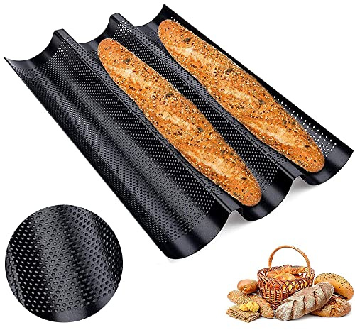 Peuirre Bandeja Baguettes Molde, 38 * 24.5 * 2.4 CM, Baguette Bandeja Para Hornear, Bandeja Para Baguette, Forma Ondulada, 3 Ranuras, Utilizada Para Hornear Baguettes, Familias, Panaderías (Negro)