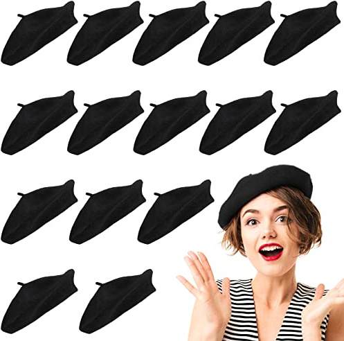 Honoson 15 Pieces Women Wool Beret Hat Wool French Beret Hat Artist Cap Winter Solid Color Cap for Women(Black)