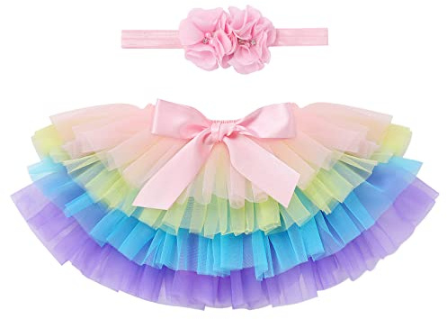 IBTOM CASTLE Rainbow Tutu Skirt for Baby Girls, Toddler Tulle Dress Skirt with Diaper Cover1st Birthday Cake Samsh Outfit Rainbow 18-24 Months