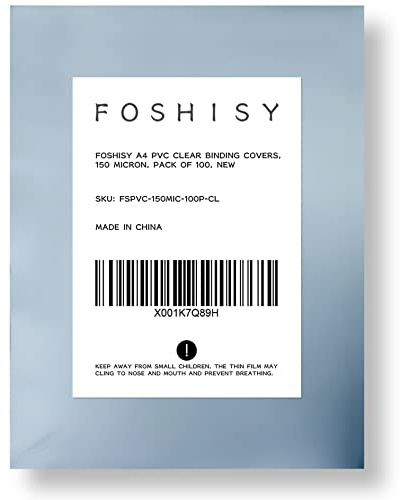 FOSHISY A4 PVC Clear Binding Covers, 150 Micron, 100 Pack