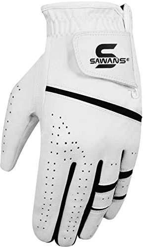 SAWANS Golfhandschuh Herren, langlebig, Premium-Leder, für Linke und rechte Hand, Allwetter-Griff, Golfhandschuhe, rutschfest, flexibel, Golfen (Weiß, M/L, Links)