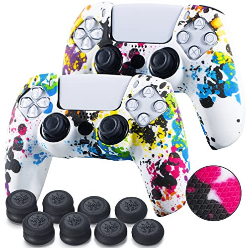 YoRHa Grip Texture Silicone Skin for PS5 Dualsense Controller x 2(Graffiti) with Pro Thumb Grips x 8
