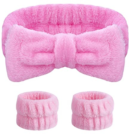 AOMIG Bandeaux de Spa Facial, 3 Pièces Set de Bandeau et Bracelets de Lavage de Visage, bandes de poignet faciales en flanelle pour Femmes Filles-Empêche Liquide de se renverser dans Vos Bras (Rose)