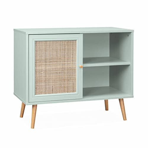 Alice's Home Sideboard Seladongrün mit Rattangeflecht 80 x 39 x 65,8 cm - 2 Ebenen - 1 Tür - Skandinavische Möbelbeine