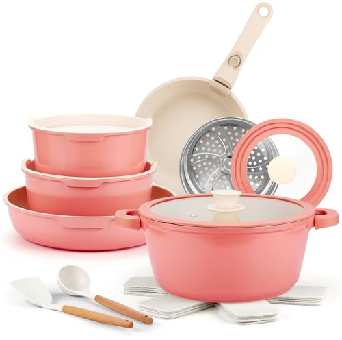 IKTU Ensemble de casseroles et poêles en céramique antiadhésives, 19 pièces avec poignée amovible, pour camping-car, camping, induction, anti-adhésif, sans PFAS ni PFOA et PTFE