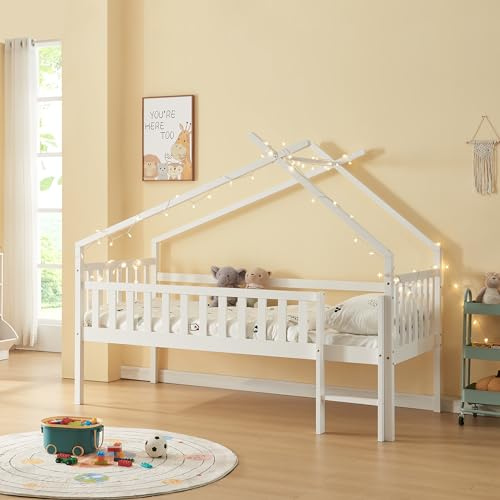 [en.casa] Kinderbett Sotkamo Hausbett 90 x 200 cm Holzbett für Kinder mit Rausfallschutz und Leiter Bettgestell aus Kiefernholz Natur Weiß