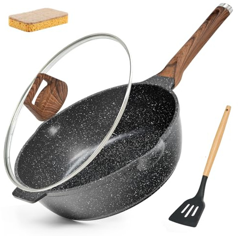 MOJIRE 12 Inch Nonstick Deep Frying Pan Skillet with Lid and Spatula, 6 Qt Jumbo Saute Pan with Pour Spout, Non Stick Granite Stir-Fry Chef Wok with Scrub Sponge, Induction Stovetops Compatible