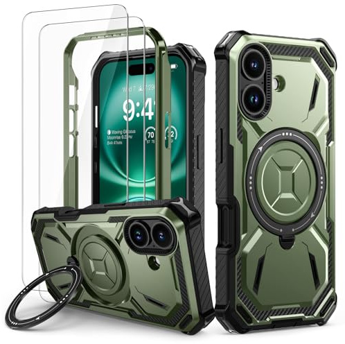 Lanhiem Coque pour iPhone 16, Antichoc Protection, Anneau Support, Vert | avec 2 Verre Trempé, Étui de Militaire Incassable, Renforcée Armure Etui Téléphone Case pour iPhone 16 Housse