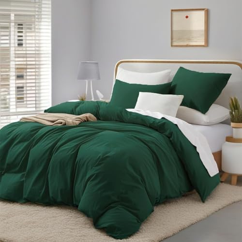 Gezu Parure de lit 200x200 en coton vert foncé 3 pièces Couleur lin uni vert foncé Ensemble de linge de lit pour grand lit Housse de couette et taies d'oreiller 80x80cm avec fermeture éclair à