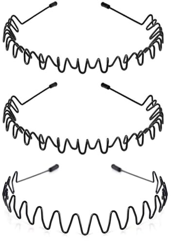 KELUBATU 3pcs Mens Hair Bands Metal Hair Hoop Black, Non-Slip Elastic Wavy Zig Zag Headband Men, Unisex Sports Fashion Hairbands for Outdoor Sports Yoga Makeup Washing