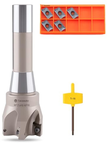 Tanomate Indexable End Mill R8 Shank 2 Cutting Diameter x 6-1/8 Oal 90 Degree with Nickel Plating, Includes 5 APKT1604 Carbide Inserts