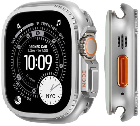 Suphart Skyddsfodral kompatibelt med Apple Watch Ultra 3/2/1 49 mm fodral, robust metallhölje med bakram för iWatch Ultra, matt silver