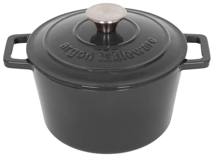 Argon Tableware Round Cast Iron Casserole Dish with Self-Basting Lid - 2.8L - Slate Grey - 1x Induction Hob Cooking Dutch Oven Bread Baking Serving Roasting Stew Stock Pot Cookware Pan