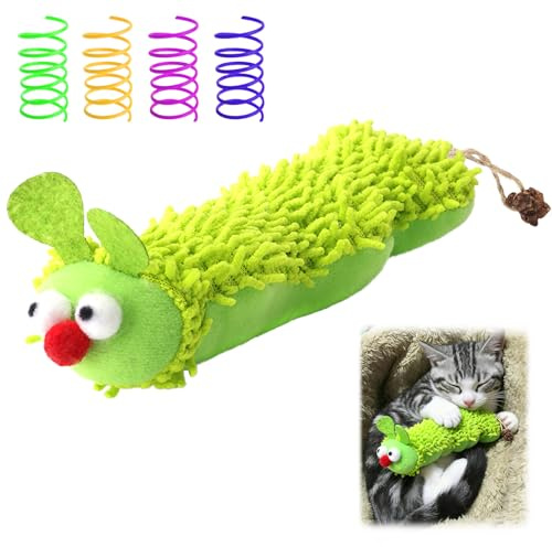 VOSSOT Juguete Interactivo de Hierba Gatera para Gatos, Cojín de Felpa Suave con 4 Espirales de Plumas, Orugas y Menta para Gatitos, Cuidado Dental, Autoempleo