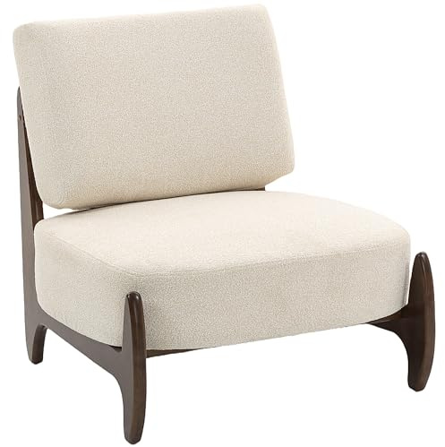 HOMCOM Fauteuil Salon en Chenille, Fauteuil Chambre Confortable Moderne avec Coussin épais, Assise rembourrée et Pieds en Bois d'hévéa, Chaise de Salon, Coins Lecture, Bureau à Domicile, crème