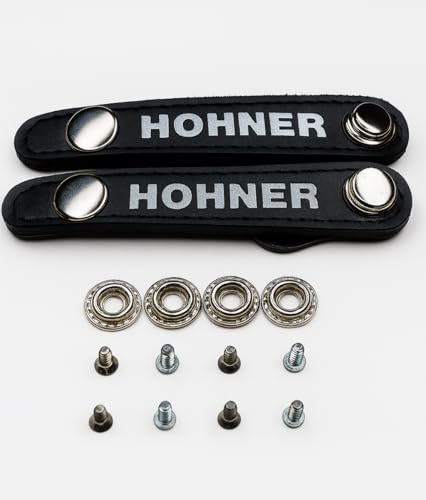 Accordion Bellow Strap, Black Leather with White Text, Metal Snap Fasteners