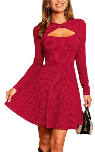 CUPSHE Abito da donna a maglia a maniche lunghe, per l'autunno, con cutout, per il tempo libero, per feste di Natale, linea A, mini abito, Colore: rosso, S