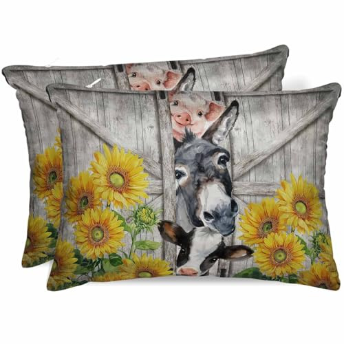 Farmhouse Satin Pillowcase for Hair and Skin with Zipper, Soft Breathable Cooling Silk Pillow Cases, Vintage Sunflowers Animals Printed Wood Grain Throw Pillow Covers King Size 20x36 Set of 2