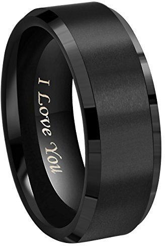 Crownal 8mm 6mm 4mm Black Tungsten Wedding Couple Bands Rings Men Women Matte Brushed Finish Center Engraved I Love You Size 4 To 17 (8mm,8)