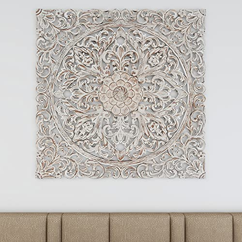 Deco 79 Wood Floral Handmade Home Wall Decor Intricately Carved Mandala Wall Sculpture with Brown Distressing, Wall Art 36 x 1 x 36, White