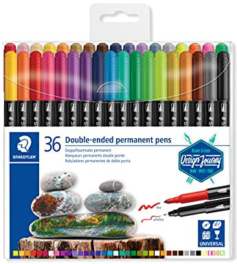 STAEDTLER 3187 TB36 - Doppelfasermaler permanent, feine und ultrafeine Spitze, für viele Oberflächen geeignet, Klarfaltetui mit 36 leuchtenden Farben