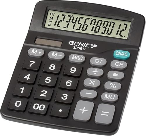 Genie 225 BD 12-stjärnig bordsräknare; Dual-Power (sol och batteri); kompakt design, svart