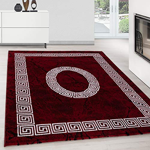 Teppium Moderner Kurzflor Teppich Läufer Flur 80 x 300 cm Rot - Flauschiger Teppich Waschbar, Mäander-Design, Pflegeleicht, Weich - Ideal als Bettvorleger im Schlafzimmer und Küchenläufer