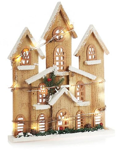 com-four® Decorazione Natalizia - Casa in Legno da Appoggiare con Luce LED - Illuminata, Decorazione da Tavola [la Selezione Varia!] (01 Pezzo - Bianca)