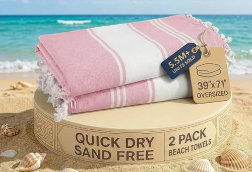 LANE LINEN Turkish Beach Towels, 2 Pack Extra Large Beach Towel, Pre-Washed for Soft Feel, Oversized Sand Free Quick-Dry Pool Towel, Beach Towels for Adults, 39x71 - Candy Pink