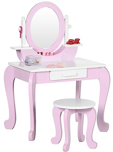 ZONEKIZ Kids Dressing Table, Kids Vanity Set, Girl Makeup Desk w/Mirror, Stool, Drawer, for Ages 3-6 Years - Pink