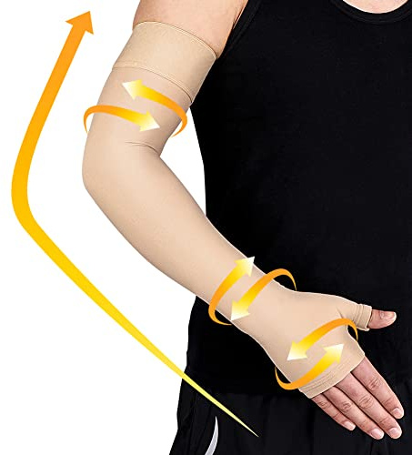 Beister - Manguito de compresión médica para linfedema con guante de desafío, para hombres y mujeres (individual), 20-30 mmHg, soporte completo para brazo con banda de silicona de lunares, soporte de