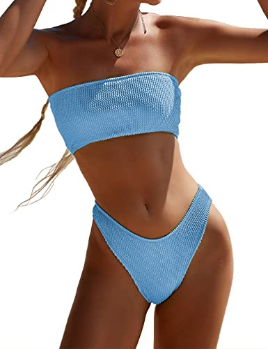 YIMISAN Traje de baño Bandeau de Dos Piezas para Mujer, Acanalado, sin Tirantes, Parte Superior de Bikini con Cintura Media, Parte Inferior descarada, Azul, Small