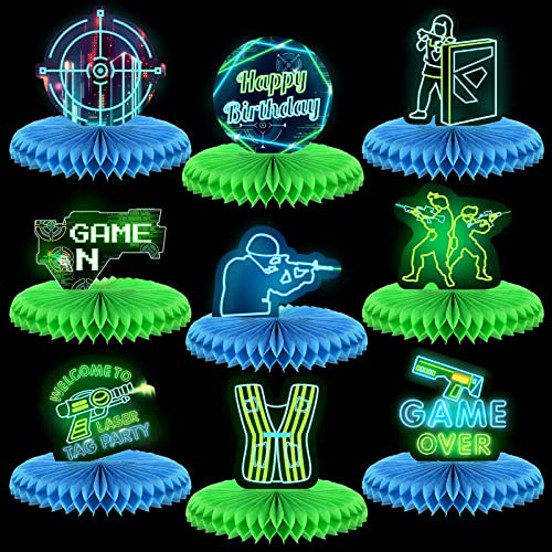 Yaomiao 9 Pcs Laser Tag Party Decorations Neon Laser Tag Honeycomb Table Centerpieces Glow Birthday Party Supplies for Birthday and Baby Shower Table Decor