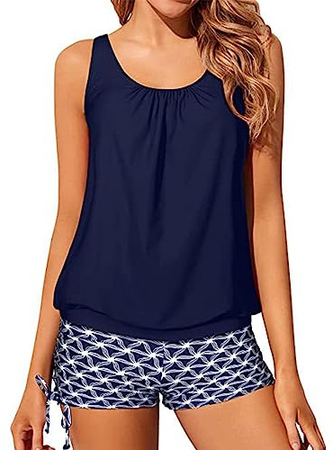 IHCEMIH Swimming Costume Women Tankinis Sets Blouson Swimsuits Push up High Waisted Swimwear Bathing Suit Women's Printed Beachwear 2 Piece Tankini with String Shorts for Ladies Blue M
