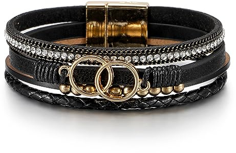 LSxAB Black Multi-Layer Leather Wrap Bracelet for Women Gold Tone Colorful Bohemian Braided Wristbands Bracelets