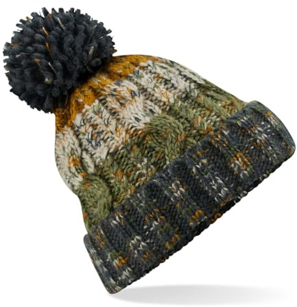 ASVP Shop Corkscrew Cable Knitted Bobble Hat Plain Mens Womens Beanie Warm Winter Pom Wooly Cap (Autumn Moss)