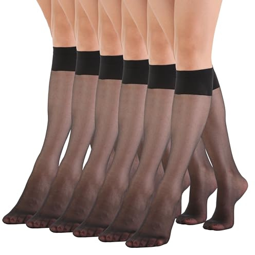 EVERSWE 6 Pairs Women's Sheer Knee High Stockings 15D (Black,One Size)