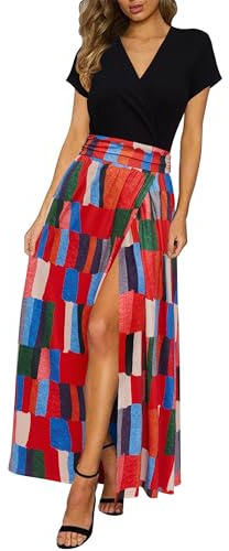 Newshows Womens Summer Dress Casual Vacation Short Sleeve V Neck Boho Beach Long Maxi Dresses Geometric Color Blocks,M