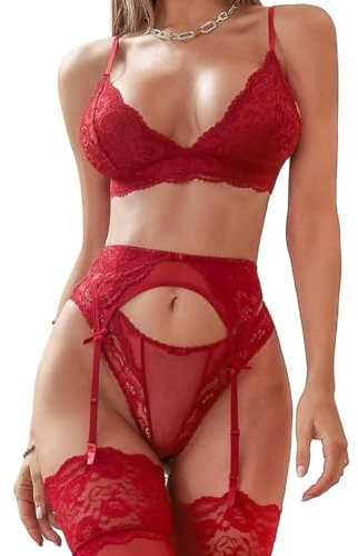 Lingerie Sexy pour Femme Soutien-Gorge et Culotte 4 Pièces, Dentelle avec Porte-Jarretelle Sexy Ensemble Lingerie(V817DZ,Red,M)