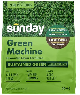 Sunday Green Machine Granular Lawn Fertilizer - 30-0-5 Mix for Up to 120 Days of Growth - Enriched with Potassium & Organic Matter for Soil Health & Extended Feeding - 12lbs - Covers Up to 4,000 Sq Ft
